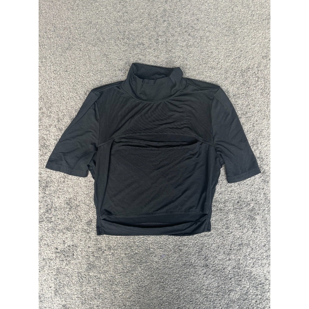 Princie Top Women's Small Black Polyester Short Sleeve Turtleneck Front Keyholes
